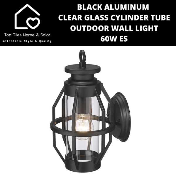 Black Aluminum & Clear Glass Cylinder Tube Outdoor Wall Light - 60W ES