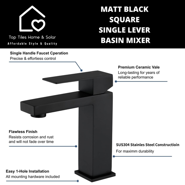 Matt Black Square Single Lever Basin Mixer