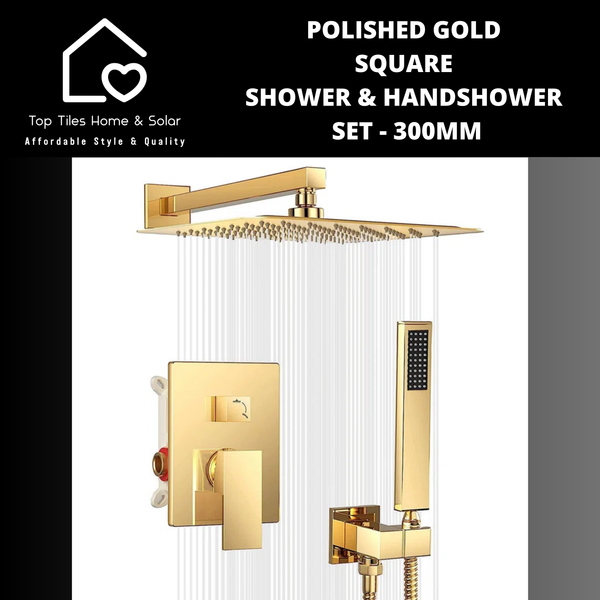 Polished Gold Square Shower & Handshower Set - 300mm