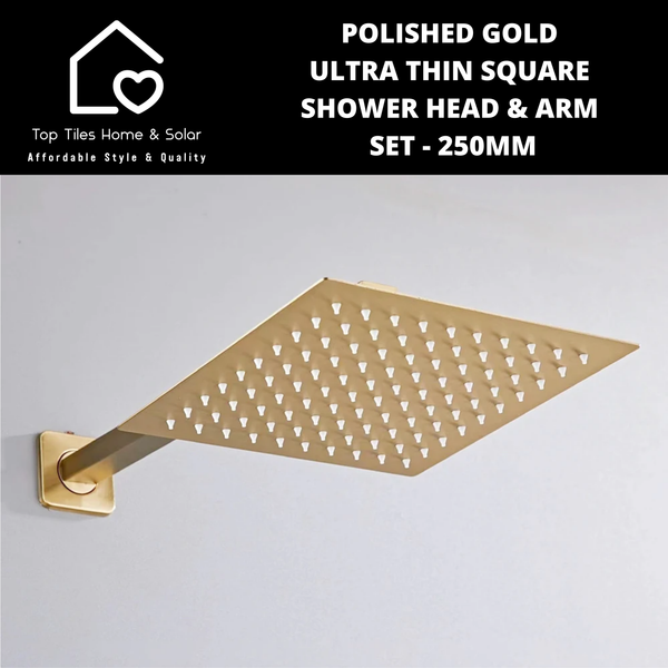 Polished Gold Ultra Thin Square Shower Head & Arm Set - 250mm