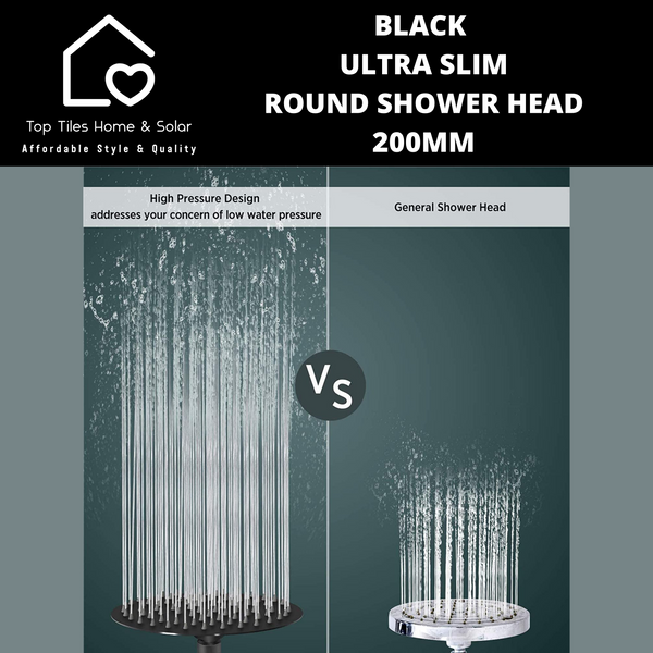 Black Ultra Slim Round Shower Head - 200mm