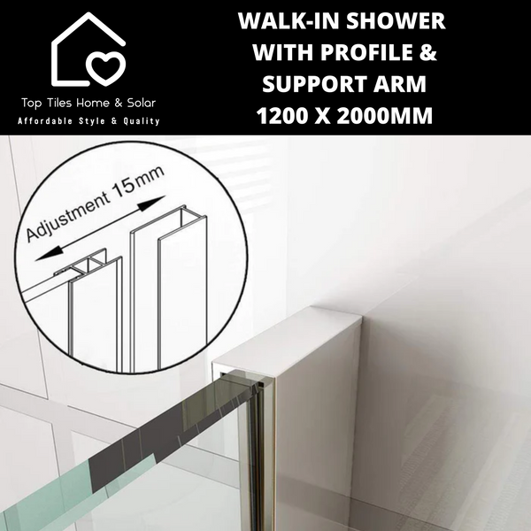 Chrome Walk-in Shower with Support Arm - 1200 x 2000mm