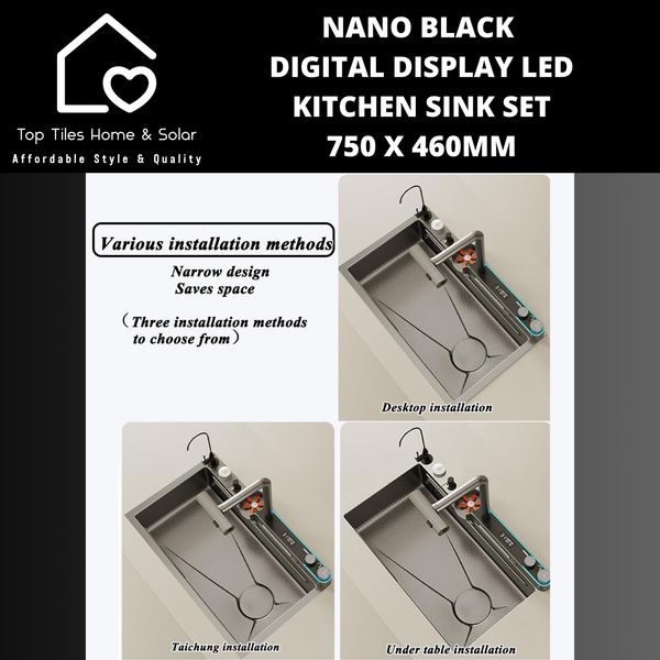 Nano Black Digital Display LED Kitchen Sink Set - 750 x 460mm