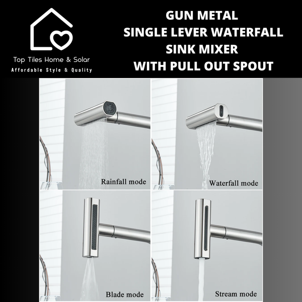 Gun Metal Lever Waterfall Sink Mixer With Pull Out Spout