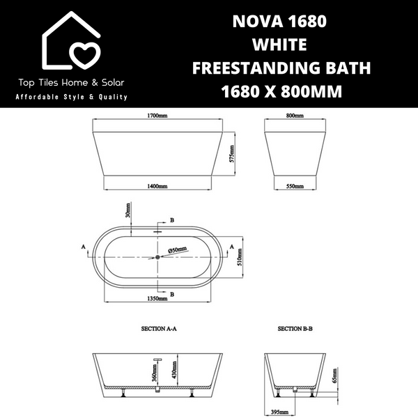 Nova 1680 White Freestanding Bath - 1680 x 800mm