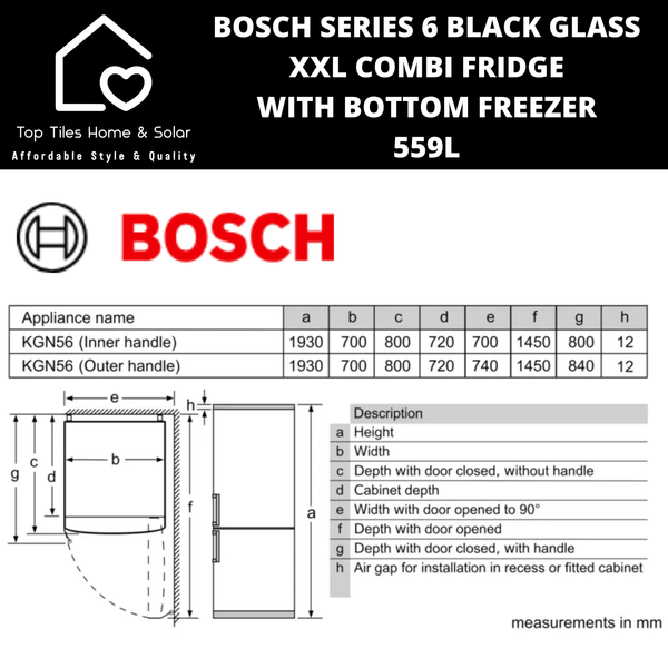 Bosch Series 6 - Black Glass XXL Combi Fridge With Bottom Freezer - 559L