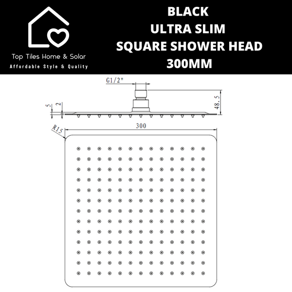 Black Ultra Slim Square Shower Head - 300mm