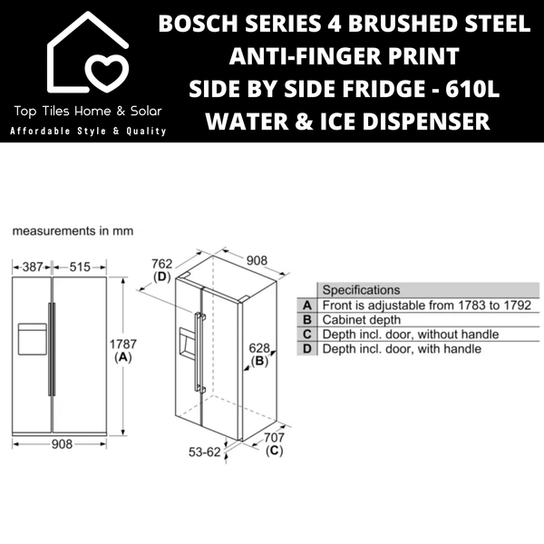 Bosch Series 4 - Anti-Finger Print Brushed Steel Side by Side Fridge - 610L Water & Ice Dispenser