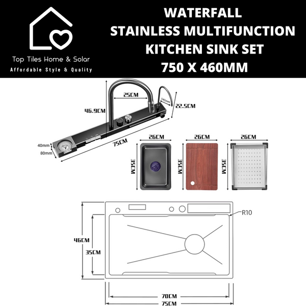 Waterfall Stainless Multifunction Kitchen Sink Set - 750 x 460mm