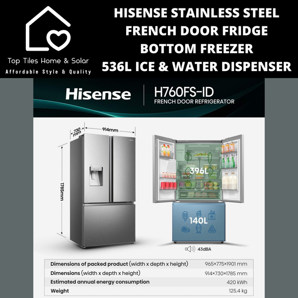 Hisense Stainless Steel French Door Fridge  - 536L Ice & Water Dispenser