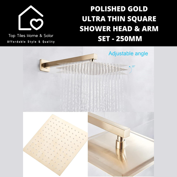 Polished Gold Ultra Thin Square Shower Head & Arm Set - 250mm