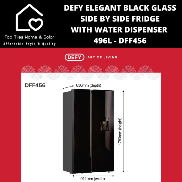Defy Elegant Black Glass Side by Side Fridge - 496L Water Dispenser DFF456