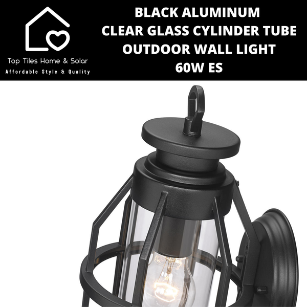 Black Aluminum & Clear Glass Cylinder Tube Outdoor Wall Light - 60W ES