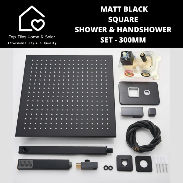 Matt Black Square Shower & Handshower Set - 300mm