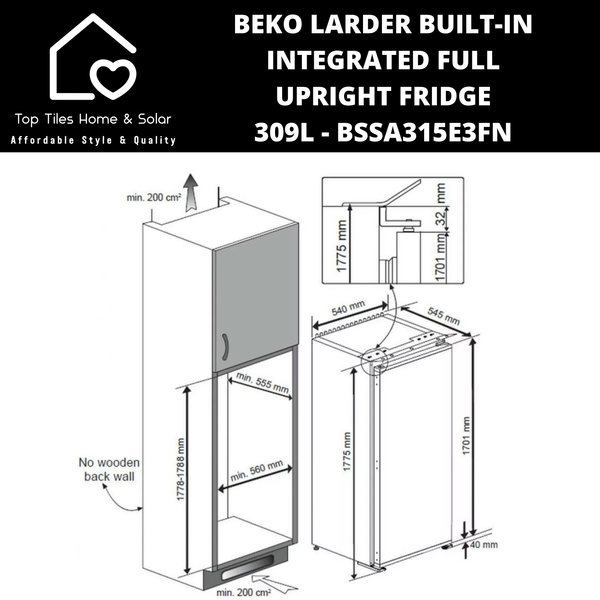 Beko Larder Built-in Integrated Full Upright Fridge - 309L BSSA315E3FN