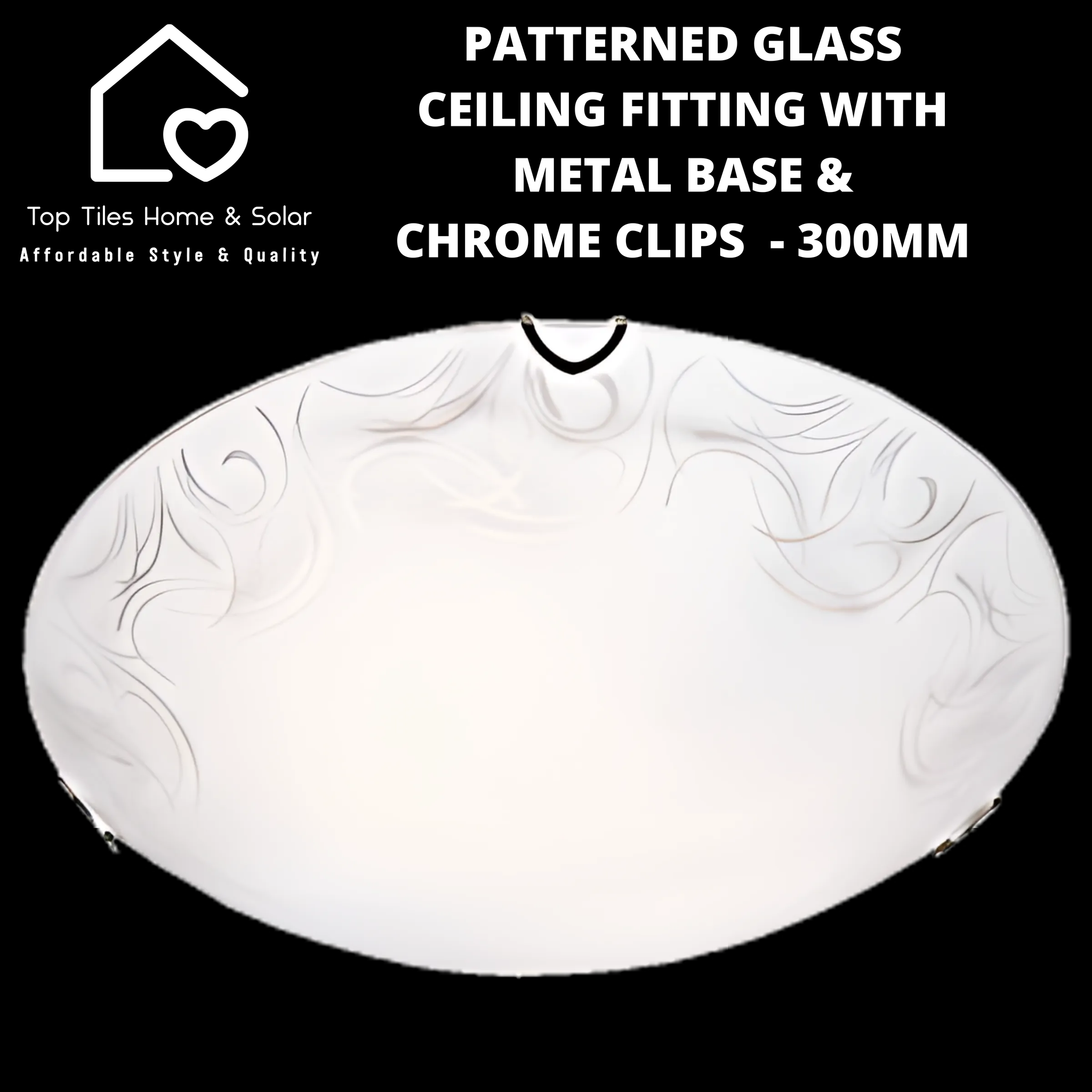Patterned Glass Ceiling Fitting with Metal Base & Chrome Clips  - 300mm LARGE