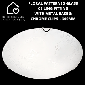 Floral Patterned Glass Ceiling Fitting with Metal Base & Chrome Clips  - 300mm LARGE
