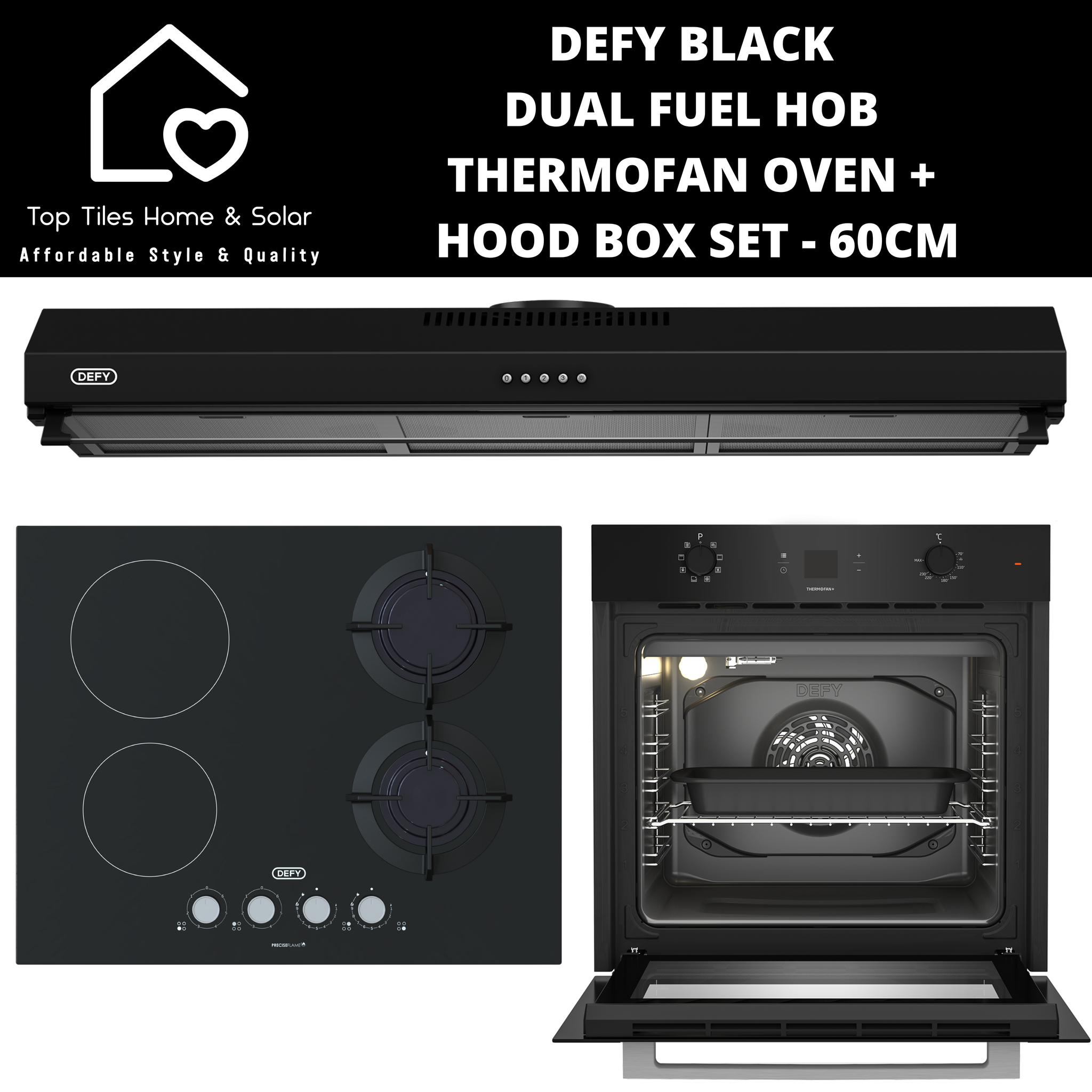 Defy Black Dual Fuel Hob Thermo Fan Oven + Hood Box Set - 60cm