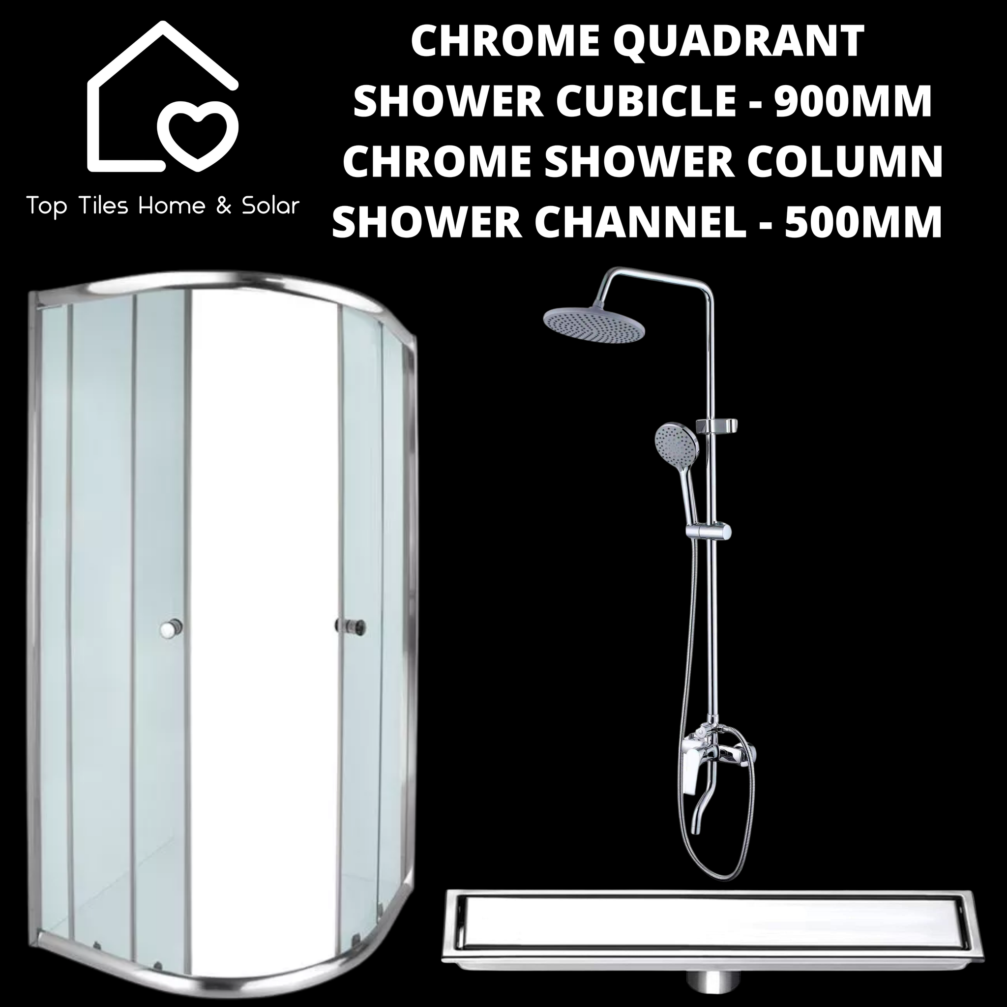 Chrome Quadrant Shower with Chrome Column + Channel - 500mm