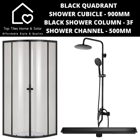 Black Quadrant Shower Cubicle with Black Column + Channel - 500mm