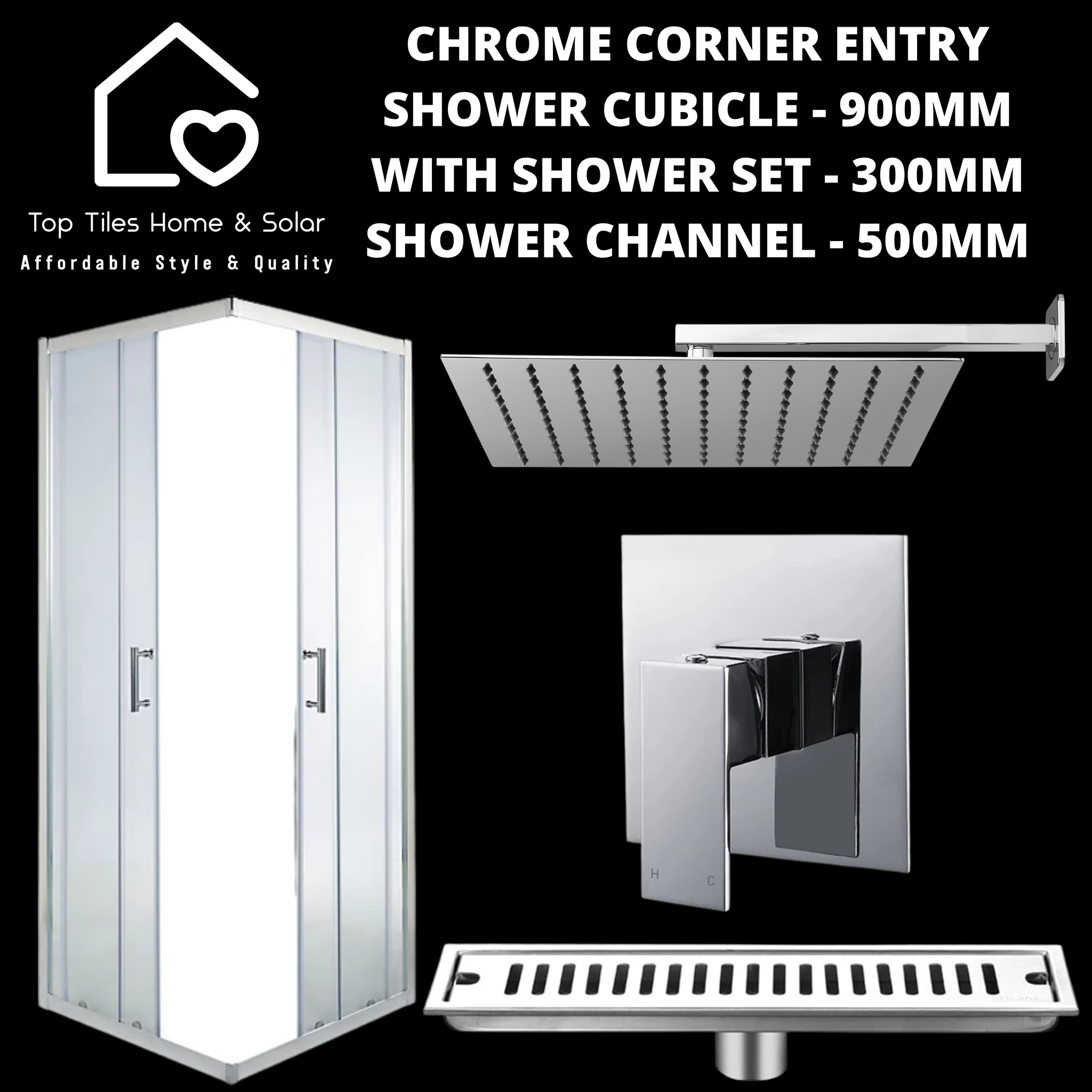 Chrome Corner Entry Shower with Channel + Square Shower Set - 300mm