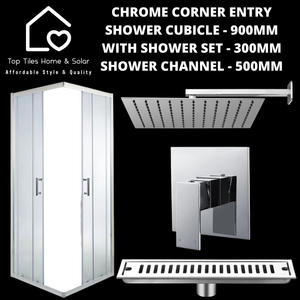 Chrome Corner Entry Shower with Channel + Square Shower Set - 300mm