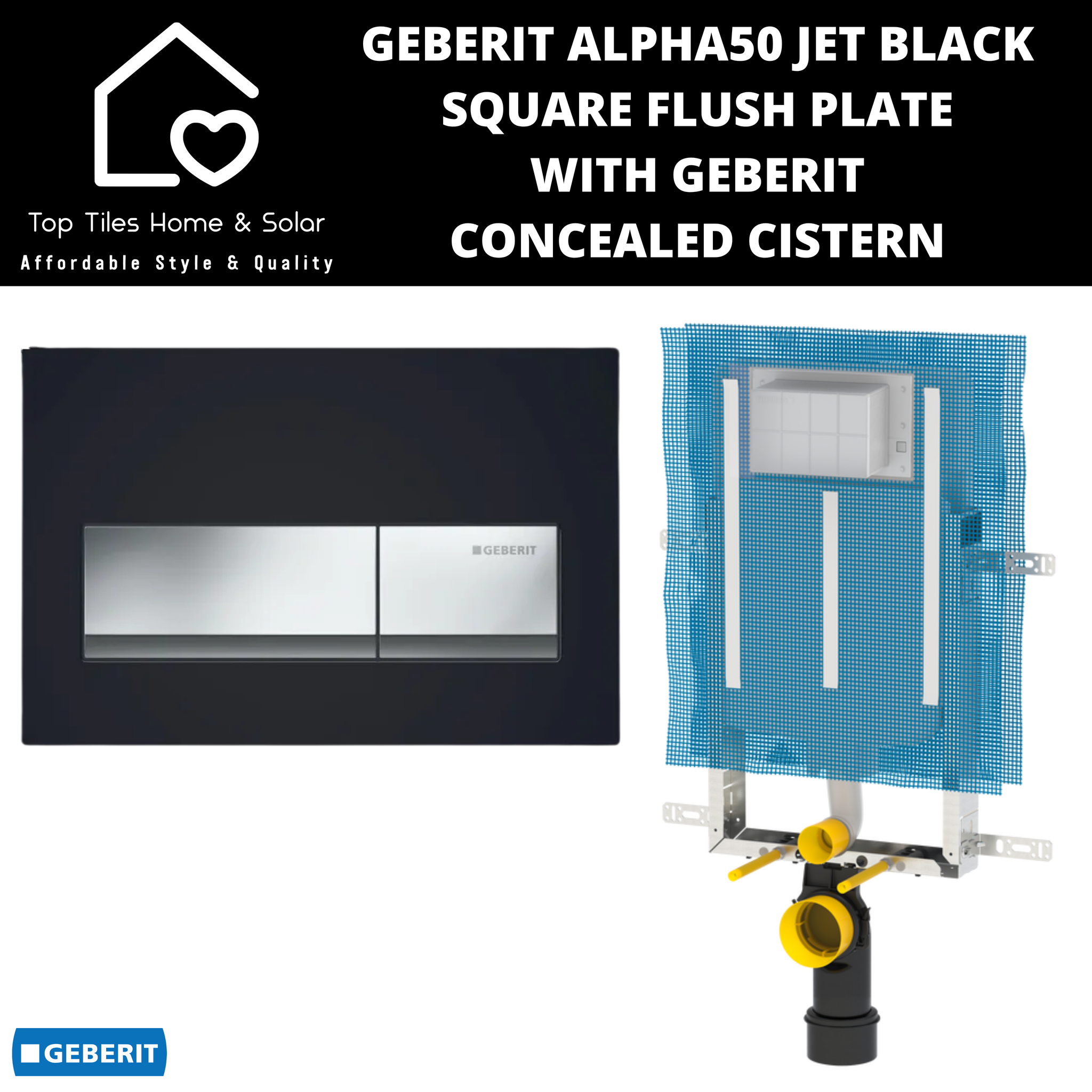 Geberit Alpha50 Jet Black Square Flush Plate With Geberit Concealed Cistern