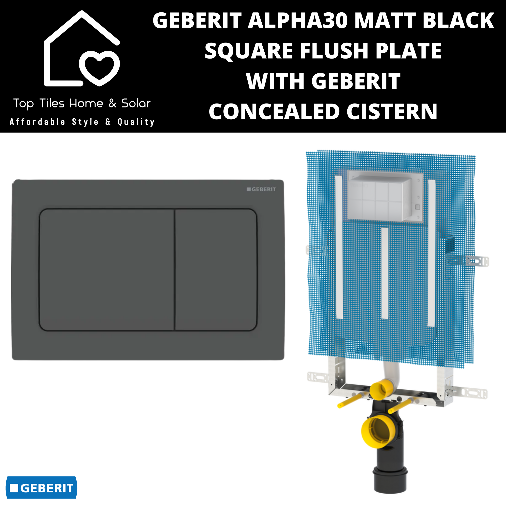 Geberit Alpha30 Matt Black Square Flush Plate With Geberit Concealed Cistern