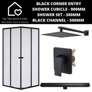 Black Corner Entry Shower Cubicle with Channel + Shower Set - 300mm