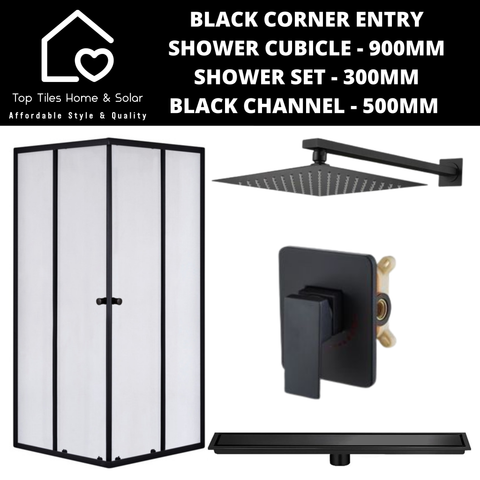 Black Corner Entry Shower Cubicle with Channel + Shower Set - 300mm