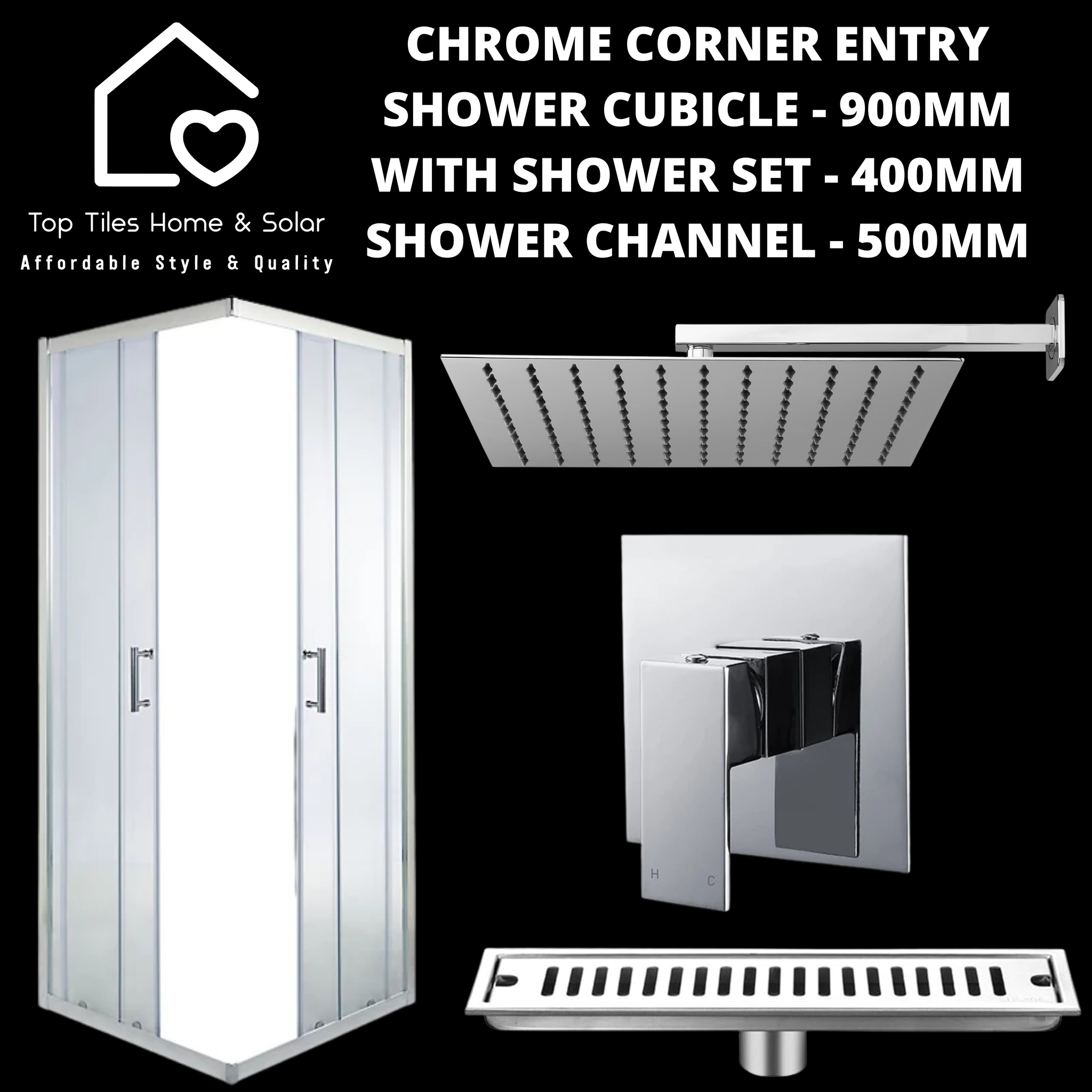 Chrome Corner Entry Shower with Channel + Square Shower Set - 400mm