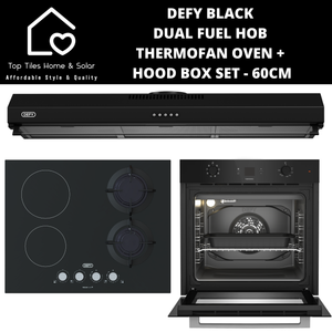 Defy Black Dual Fuel Hob Thermo Fan Oven + Hood Box Set - 60cm