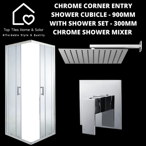 Chrome Corner Entry Shower with Chrome Square Shower Set - 300mm
