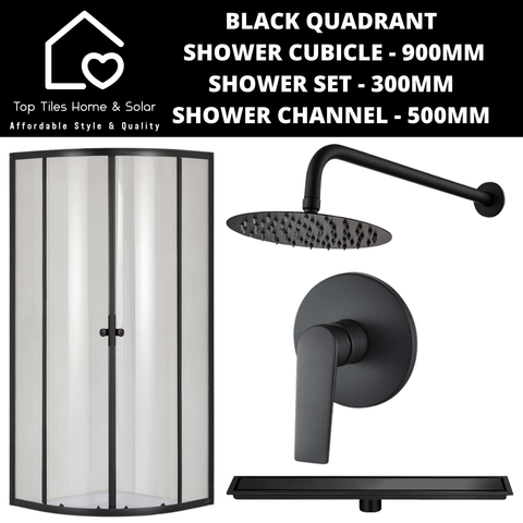Black Quadrant Shower Cubicle with Channel + Shower Set - 300mm