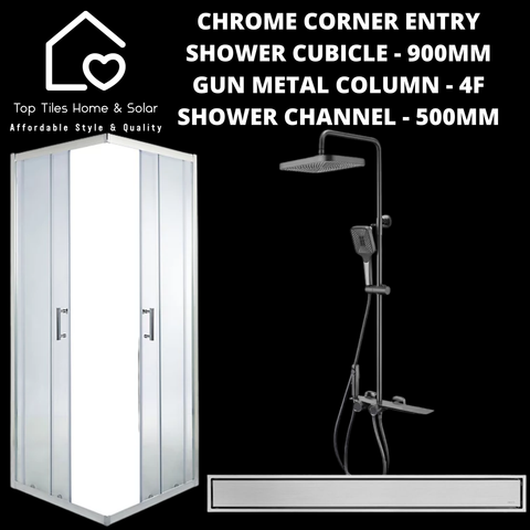 Chrome Corner Entry Shower with Gun Metal Column + Channel - 500mm
