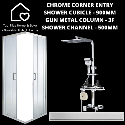 Chrome Corner Entry Shower with Chrome Column + Channel - 500mm