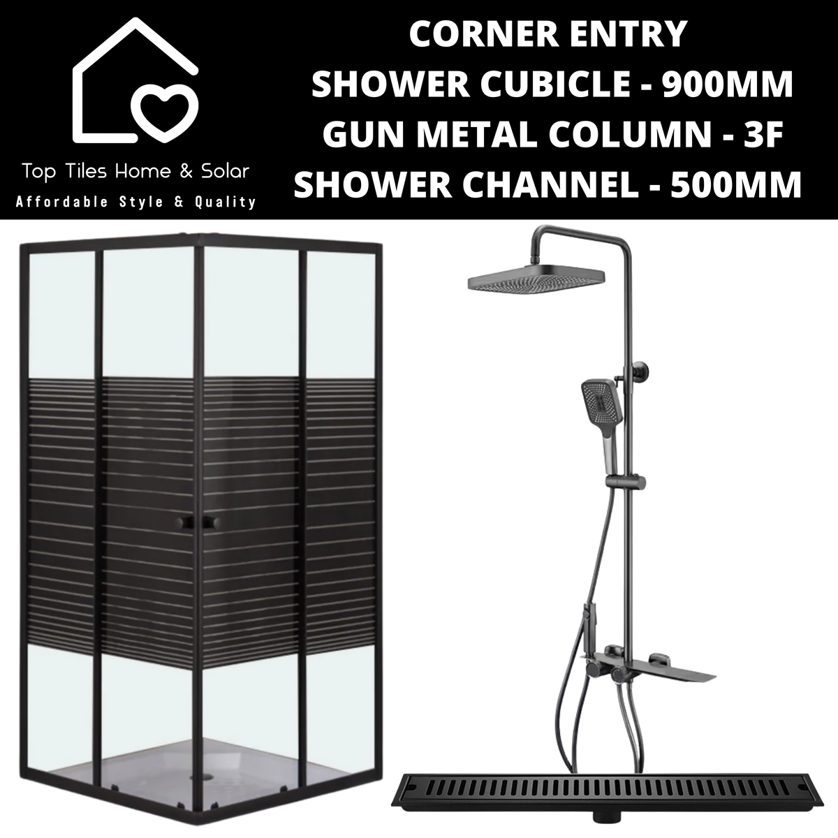 Black Striped Shower Cubicle with Gun Metal Column + Channel - 500mm ...