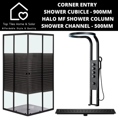 Black Striped Shower Cubicle with Halo Shower Column + Channel - 500mm