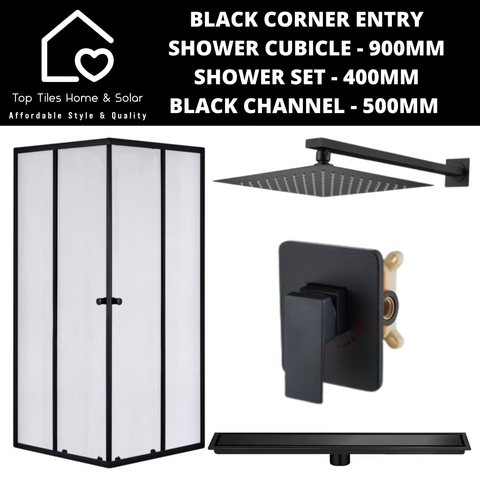 Black Corner Entry Shower Cubicle with Channel + Shower Set - 400mm