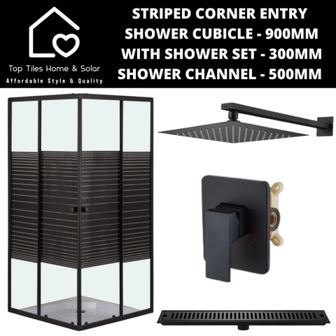 Black Striped Shower Cubicle with Channel + Shower Set - 300mm