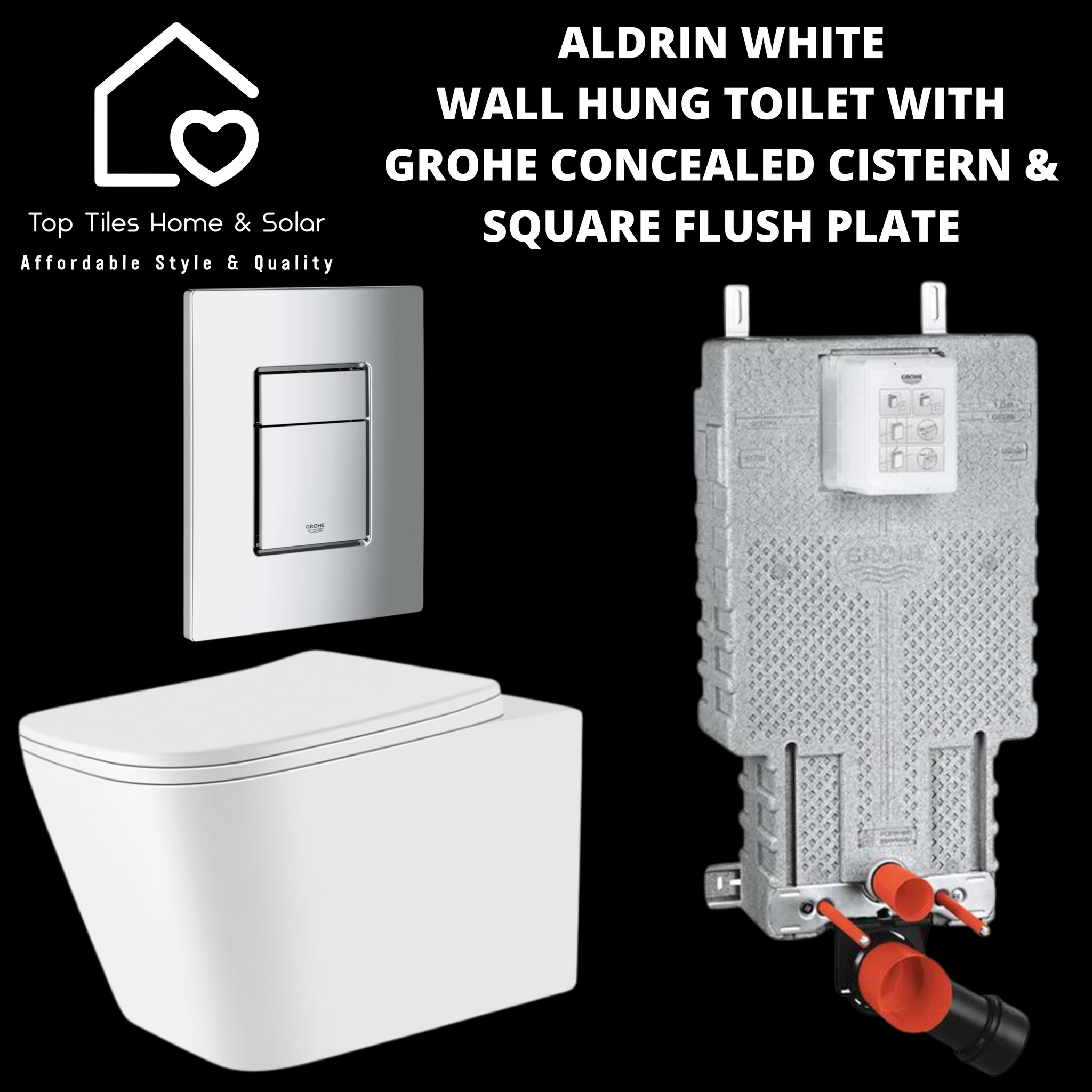 Aldrin White Wall Hung Toilet With Grohe Concealed Cistern & Square Flush Plate