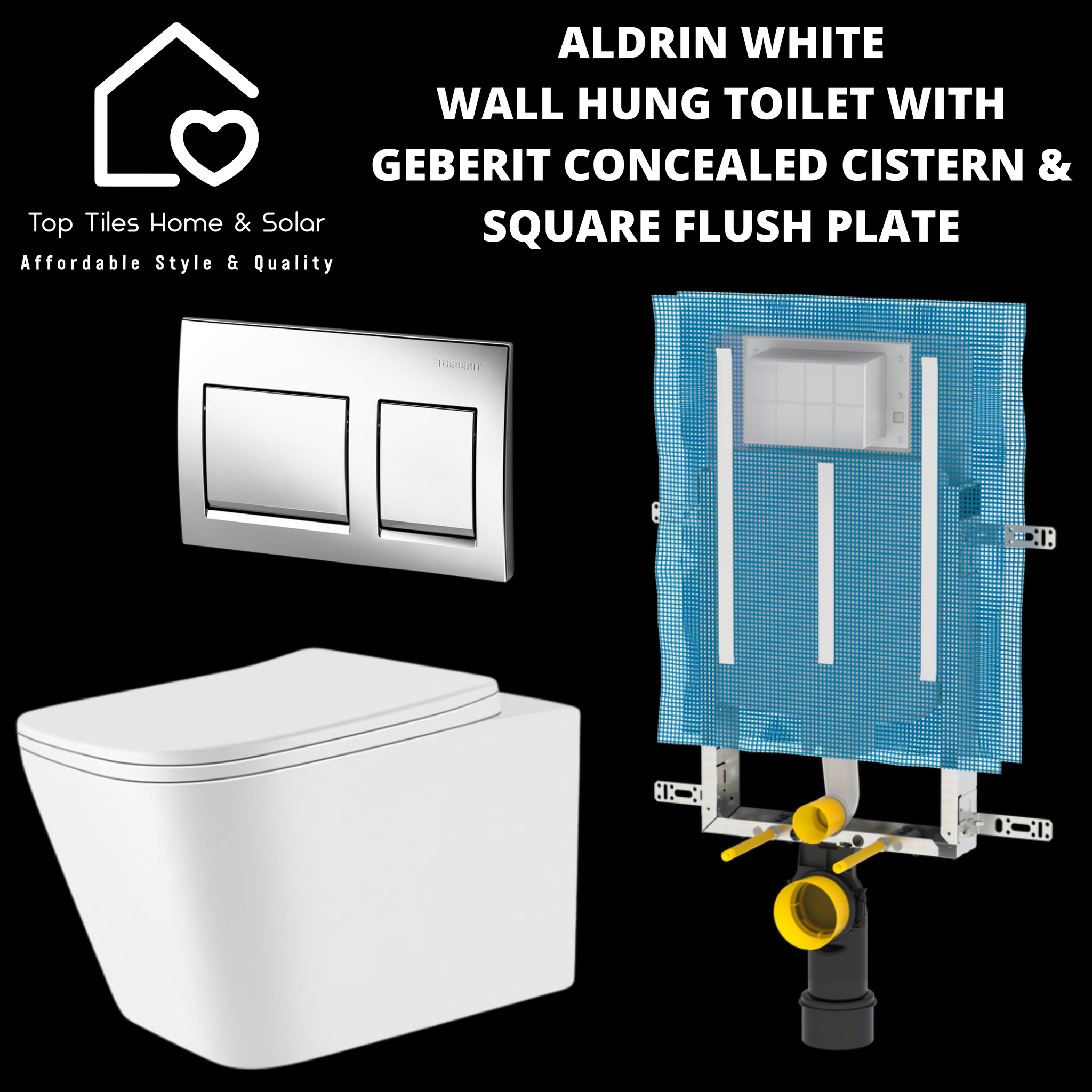 Aldrin White Wall Hung Toilet With Geberit Concealed Cistern & Square Flush Plate