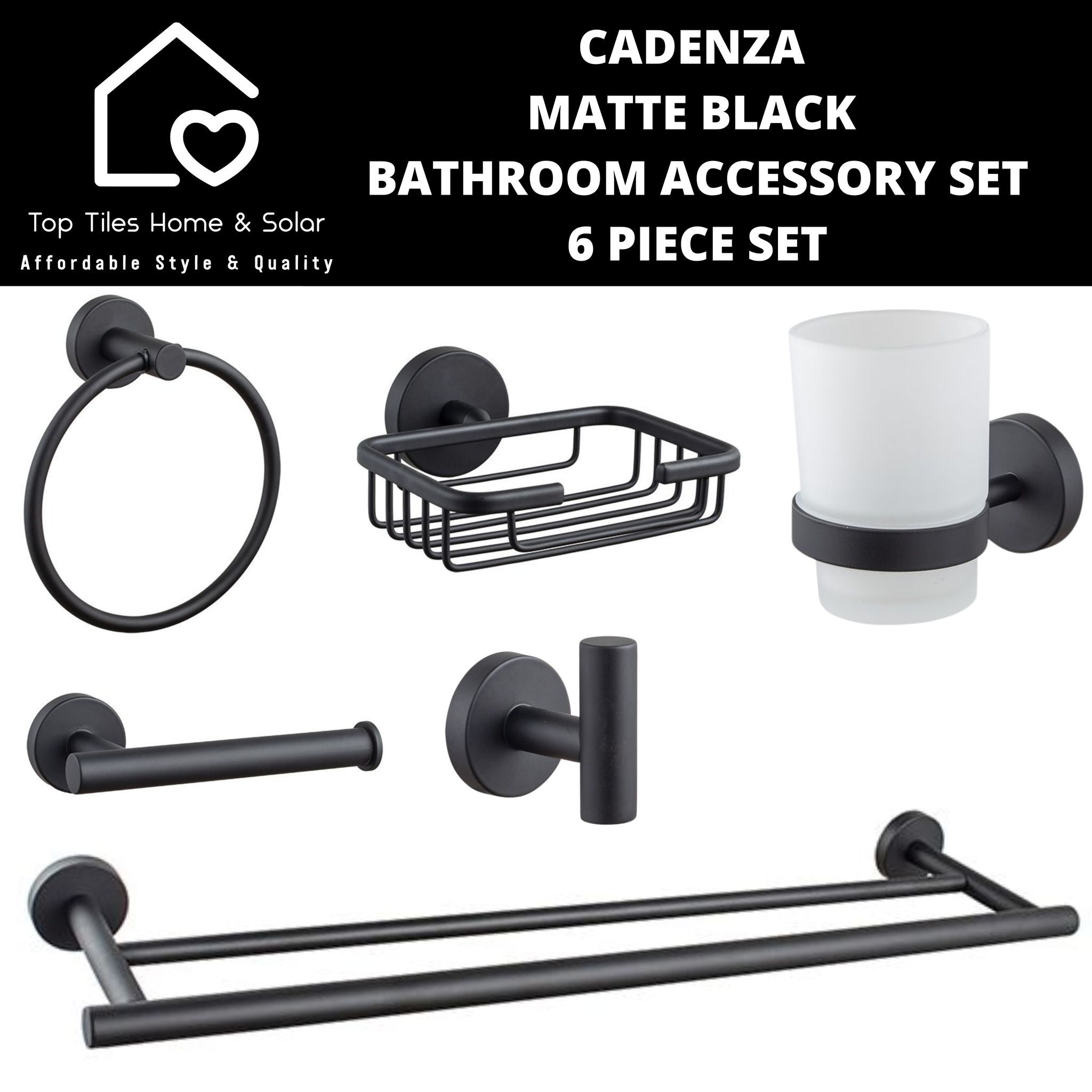 Cadenza Matte Black Bathroom Accessory set 6 Piece Set