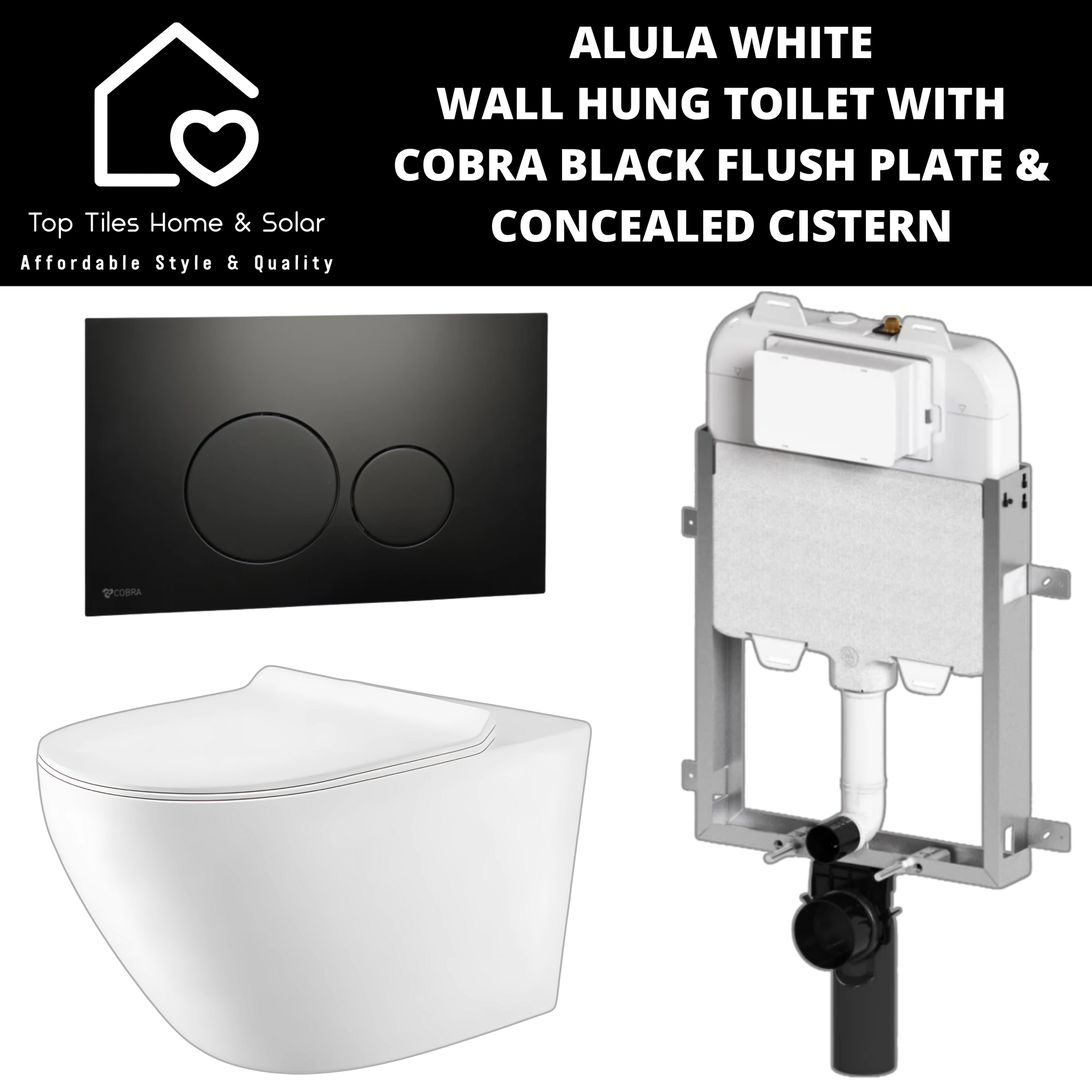 Alula White Wall Hung Toilet With Black Cobra Flush Plate & Concealed Cistern