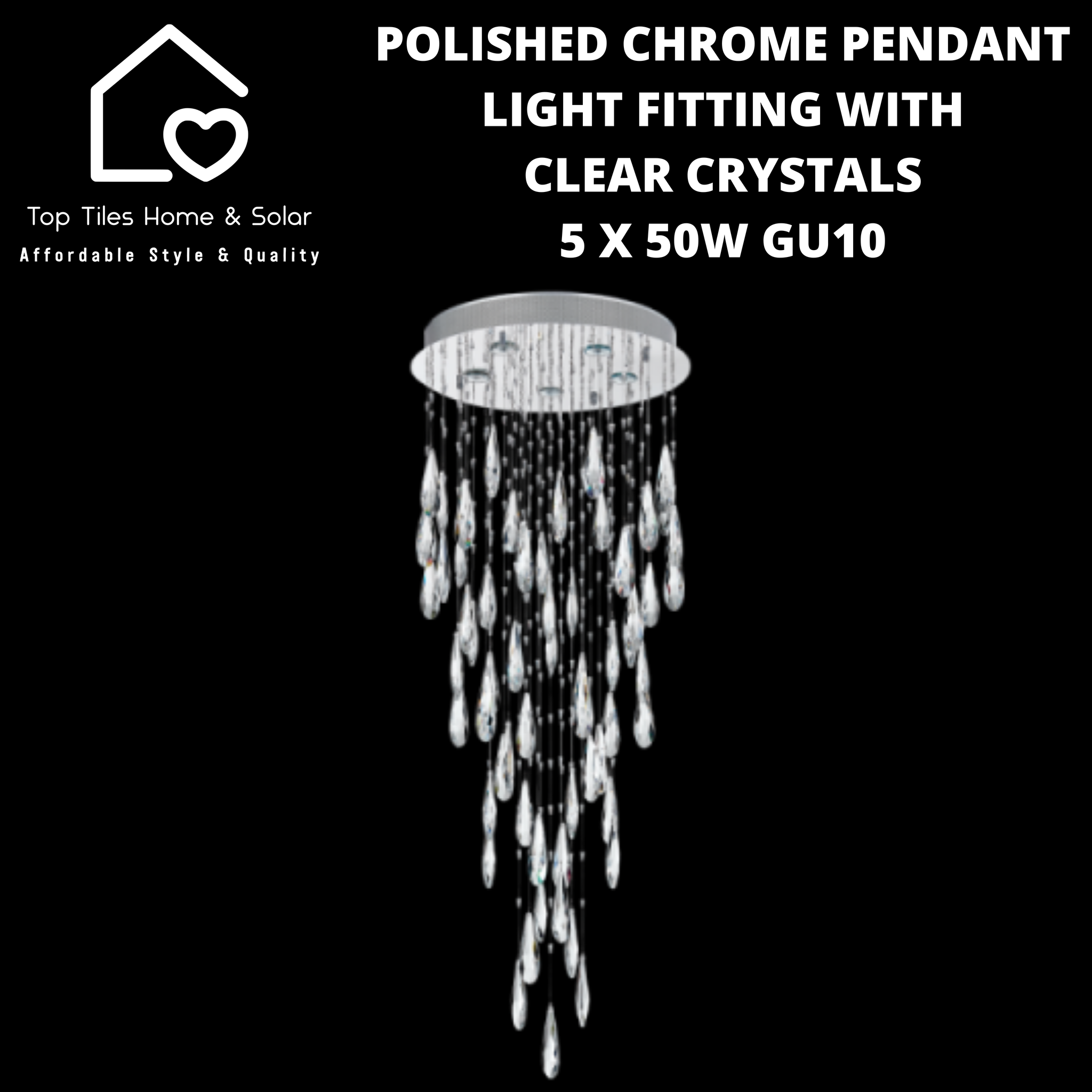Polished Chrome Pendant Light Fitting with Clear Crystals - 5 x 50W GU10