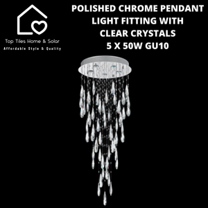 Polished Chrome Pendant Light Fitting with Clear Crystals - 5 x 50W GU10