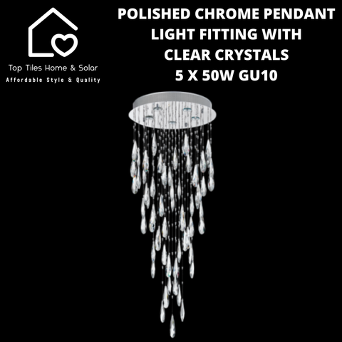 Polished Chrome Pendant Light Fitting with Clear Crystals - 5 x 50W GU10