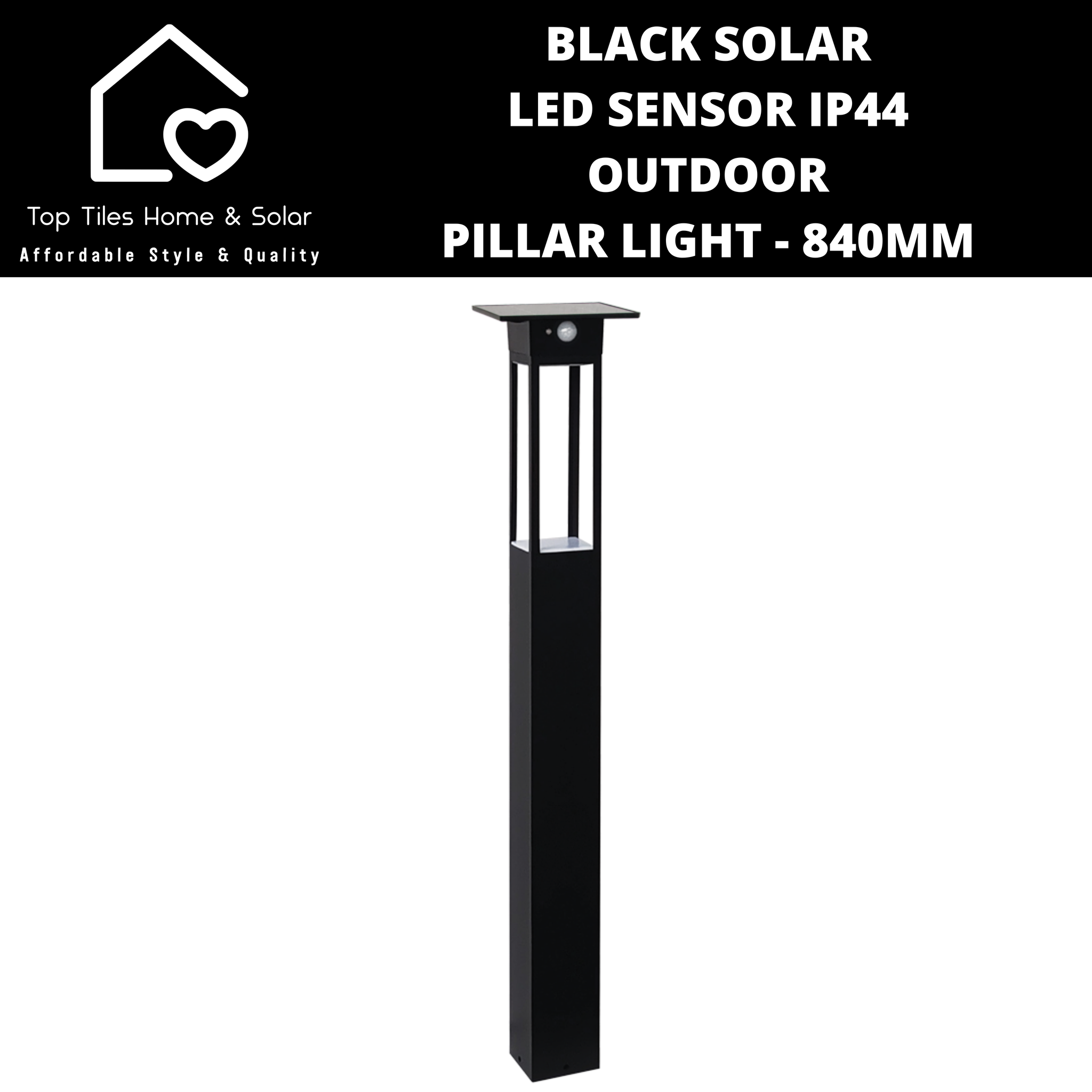 Black Solar LED Sensor IP44 Outdoor Pillar Light - 840mm