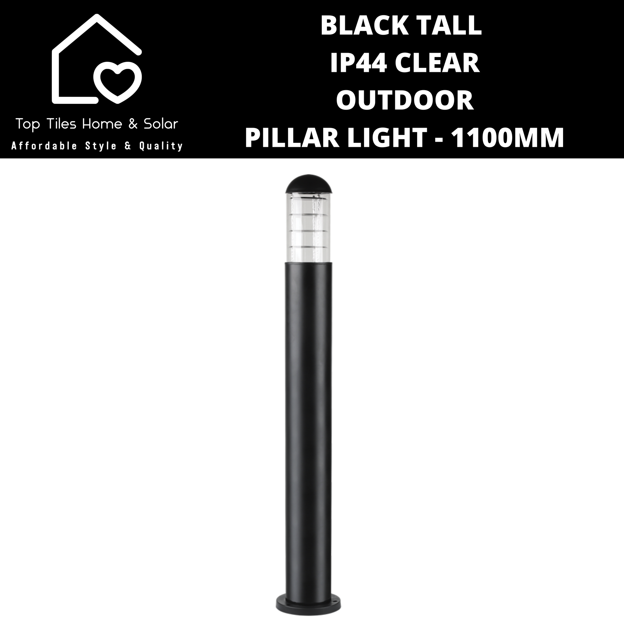Black Tall IP44 Clear Outdoor Pillar Light - 1100mm