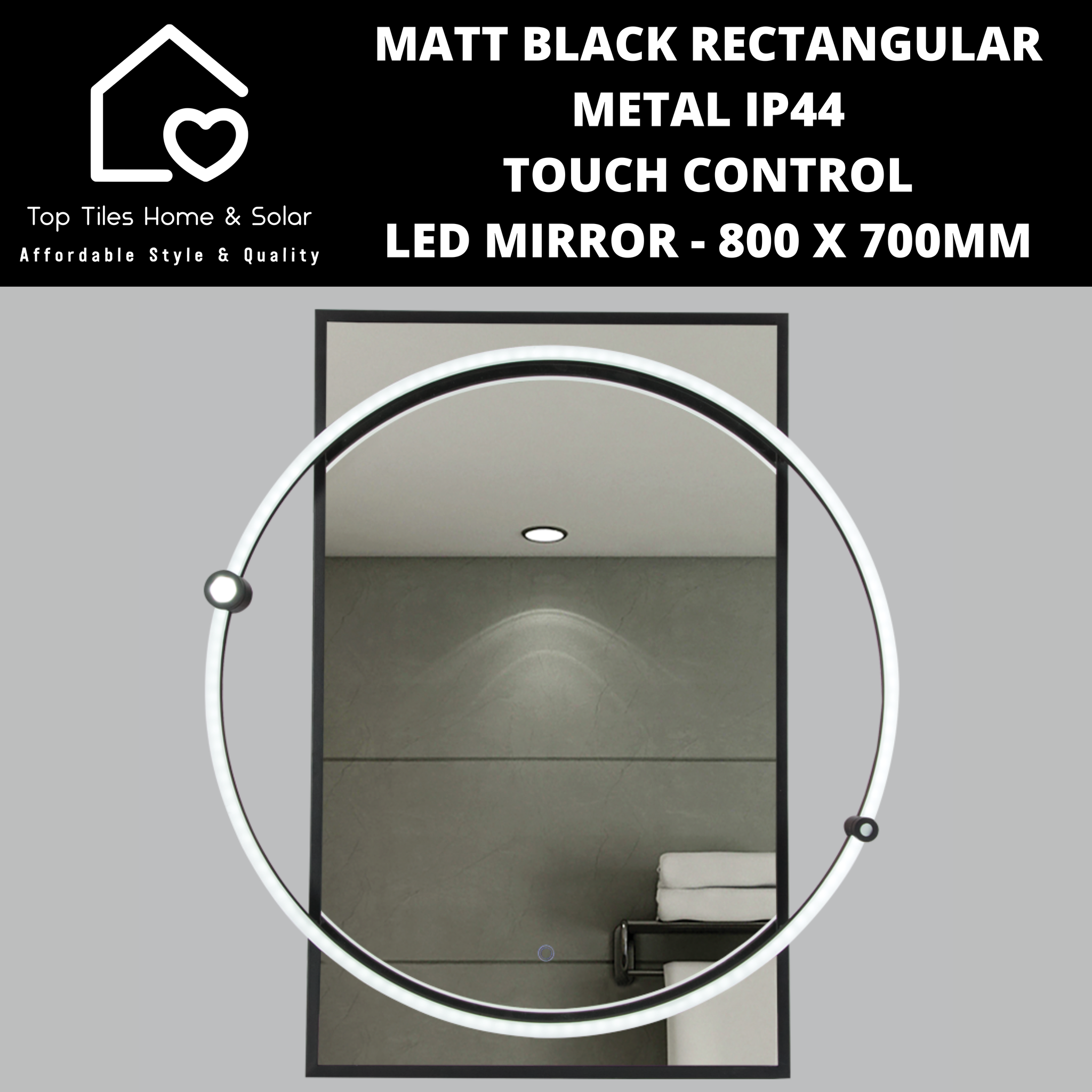 Matt Black Rectangular Metal IP44 Touch Control Led Mirror - 800 x 700mm